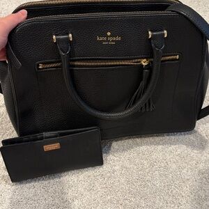Kate Spade Black Satchel with Gold Accents & matching wallet